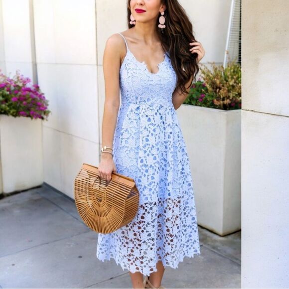 ASTR The Label Lace Overlay Blue Fit Flare Sleeveless Midi Eyelet Dress Sz M - Picture 1 of 12